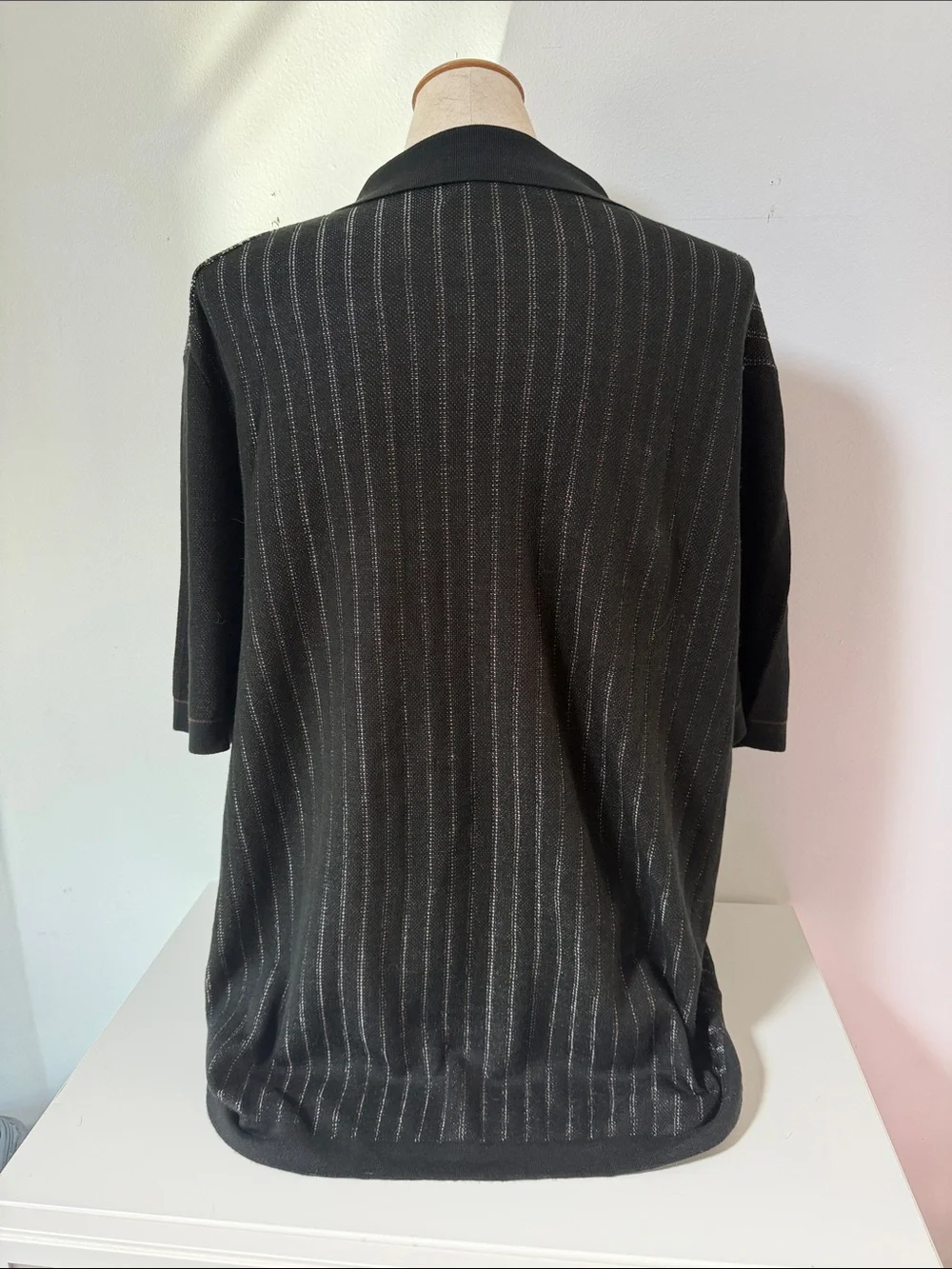 Men's Black Short-Sleeve Button Polo with Vertical Stripe Detail